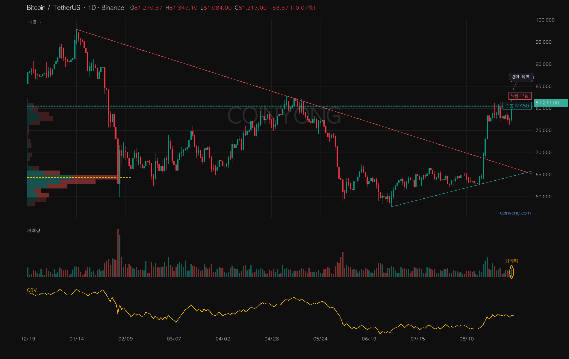 ビットコイン 日足 週足MA50と5月高値のチャート