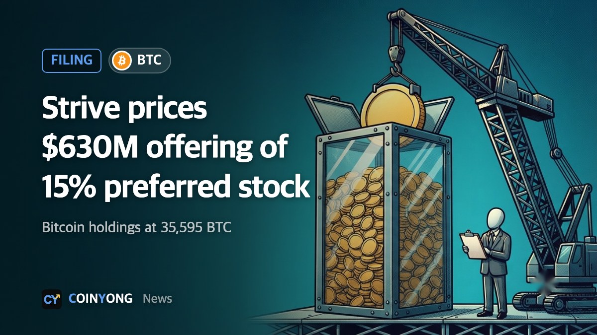Strive prices $630 million 15% preferred offering, bitcoin holdings reach 35,595 BTC